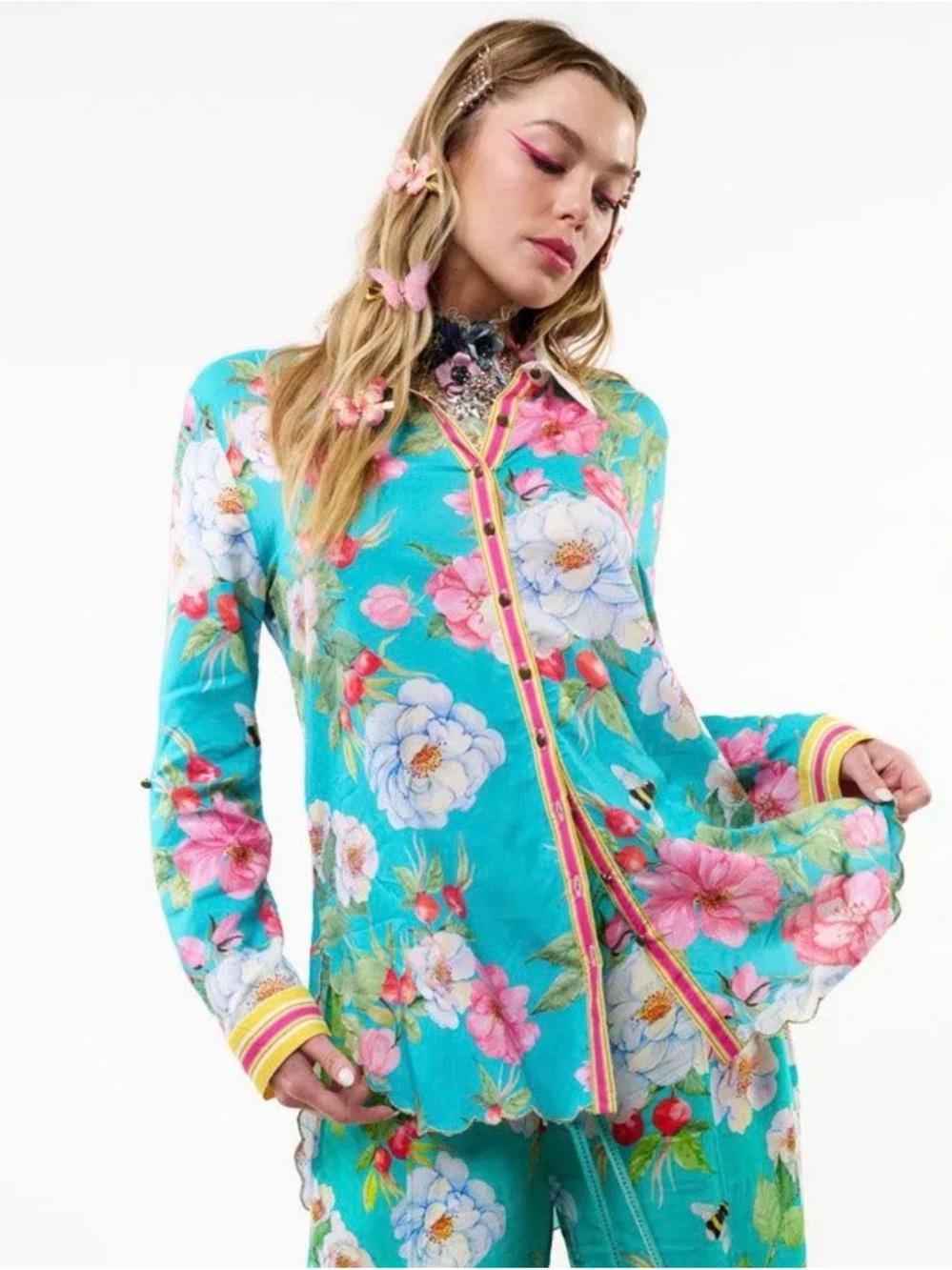 Aratta La Ville Rose Shirt in Aqua Floral, NWT - Picture 4 of 5